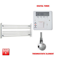 Thermostatic Element + Digital Timer 1000 x 400 Flat Chrome Pre-Filled Electric Heated Towel Rail
