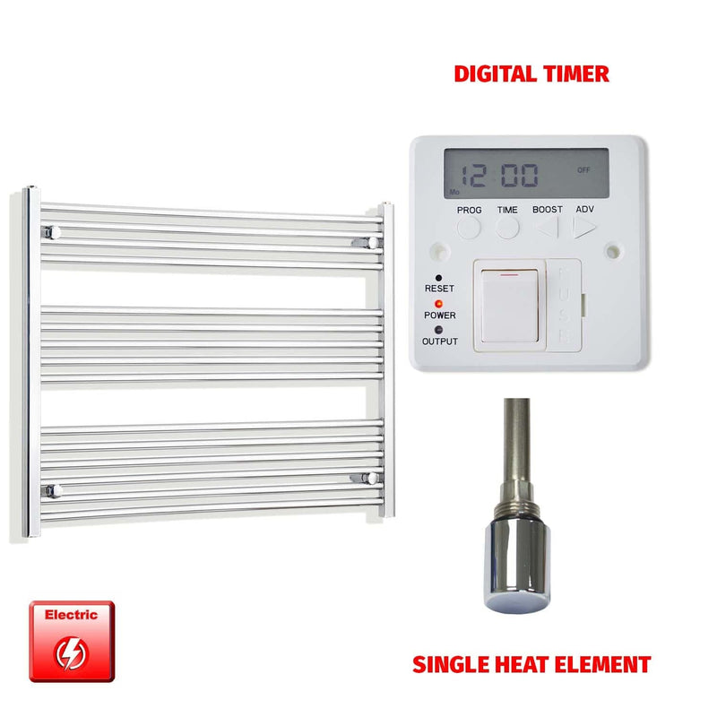Single Heat Element + Digital Timer 1000 x 800 Flat Chrome Pre-Filled Electric Heated Towel Rail
