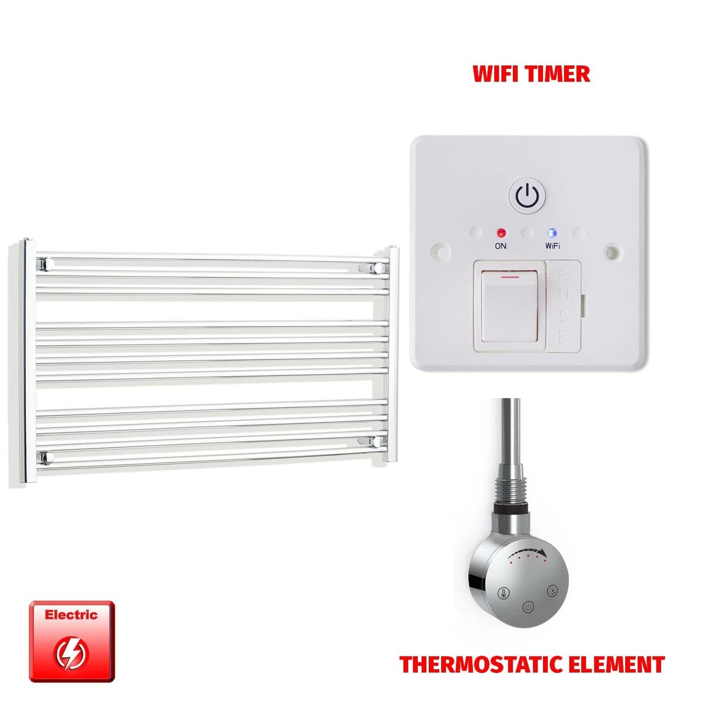 Thermostatic Element + Wifi Timer 1200 x 600 Flat Chrome Pre-Filled Electric Heated Towel Rail