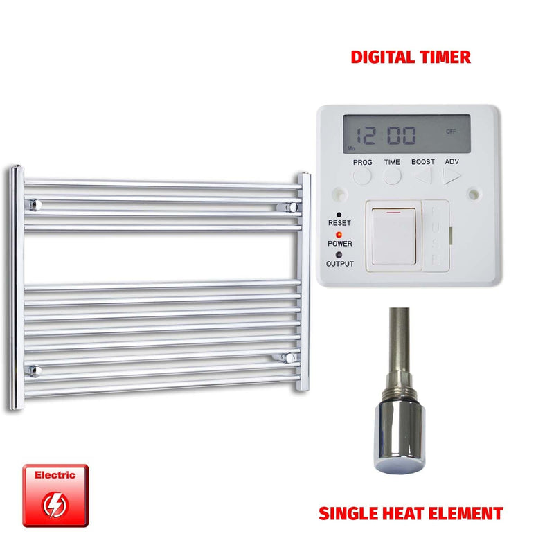 Single Heat Element + Digital Timer 1200 x 700 Flat Chrome Pre-Filled Electric Heated Towel Rail