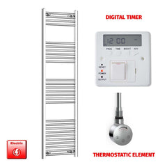 Flat / Thermostatic Element + Digital Timer 1600 x 400 Chrome Electric Heated Towel Rail Pre-Filled