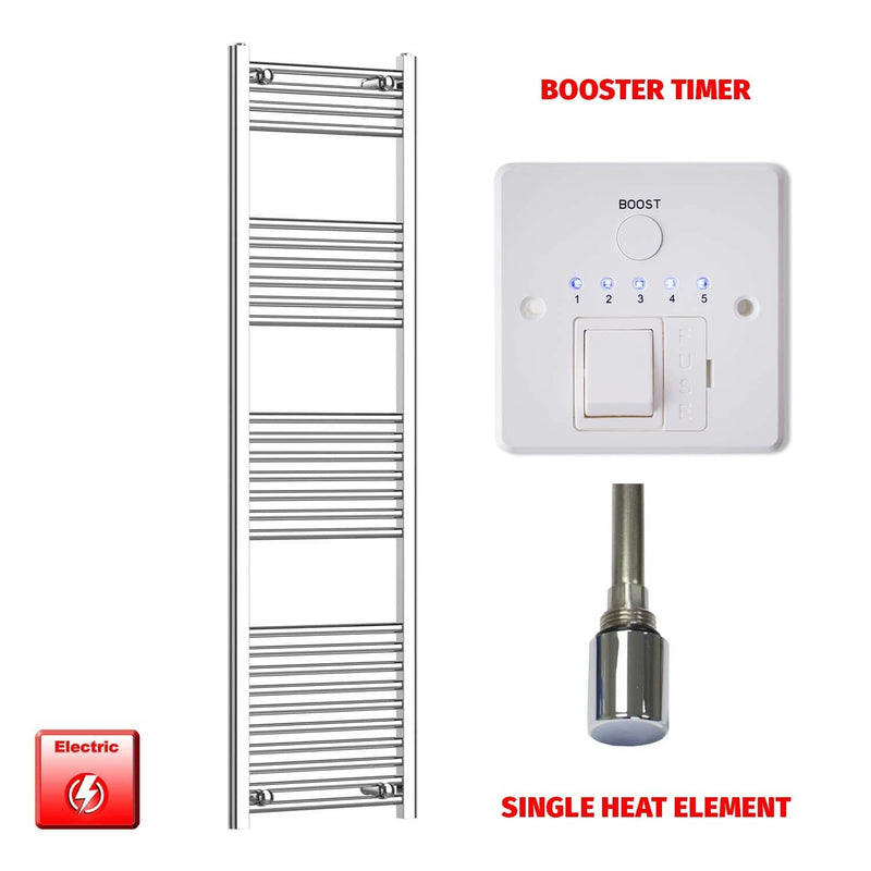 Flat / Single Heat Element + Booster Timer 1600 x 400 Chrome Electric Heated Towel Rail Pre-Filled