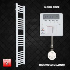 Thermostatic Element + Digital Timer 200 x 1200 Flat White Pre-Filled Electric Towel Radiator