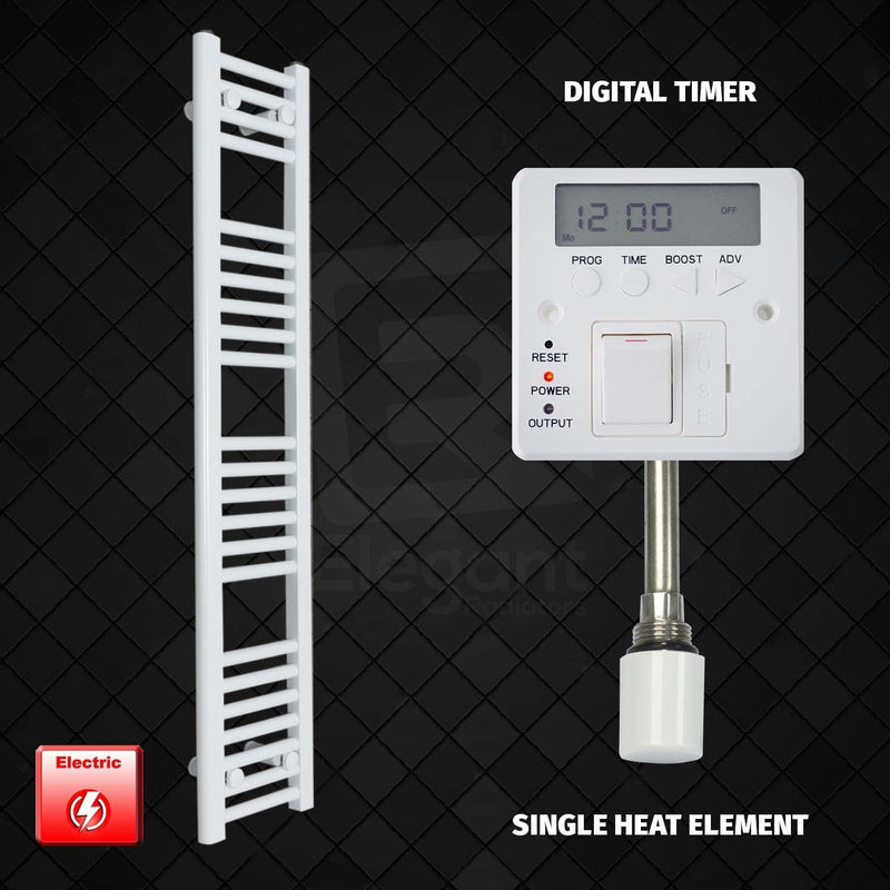 Single Heat Element + Digital Timer 200 x 1200 Flat White Pre-Filled Electric Towel Radiator