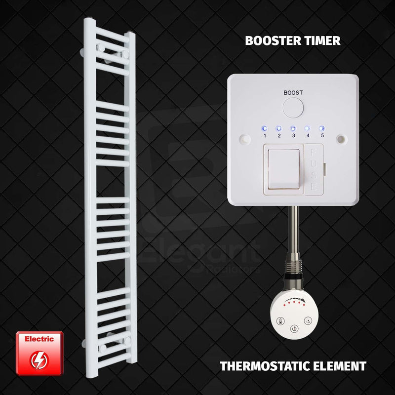 Thermostatic Element + Booster Timer 200 x 1200 Flat White Pre-Filled Electric Towel Radiator