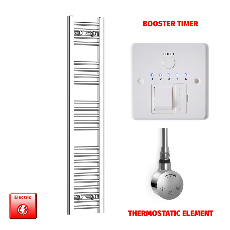 Thermostatic Element + Booster Timer 200 x 1200 High Flat Chrome Pre-Filled Electric Towel Radiator