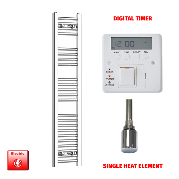 Single Heat Element + Digital Timer 200 x 1200 High Flat Chrome Pre-Filled Electric Towel Radiator
