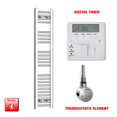 Thermostatic Element + Digital Timer 200 x 1200 High Flat Chrome Pre-Filled Electric Towel Radiator