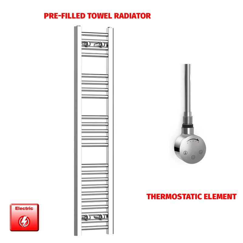 Thermostatic Element 200 x 1200 High Flat Chrome Pre-Filled Electric Towel Radiator