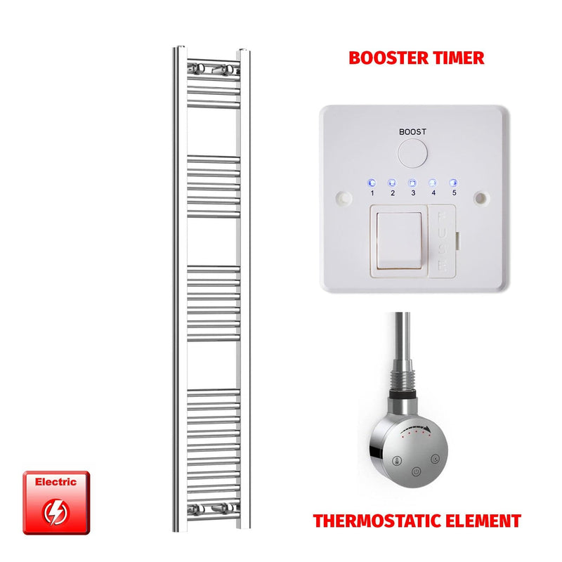 Thermostatic Element + Booster Timer 200 x 1400 Flat Chrome Pre-Filled Electric Towel Radiator