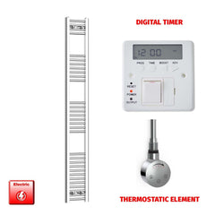 Thermostatic Element + Digital Timer 200 x 1800 Flat Chrome Pre-Filled Electric Towel Rail HTR