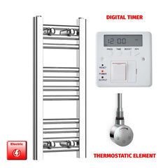 Thermostatic Element + Digital Timer 200 x 600 Flat Chrome Pre-Filled Electric Heated Towel Rail