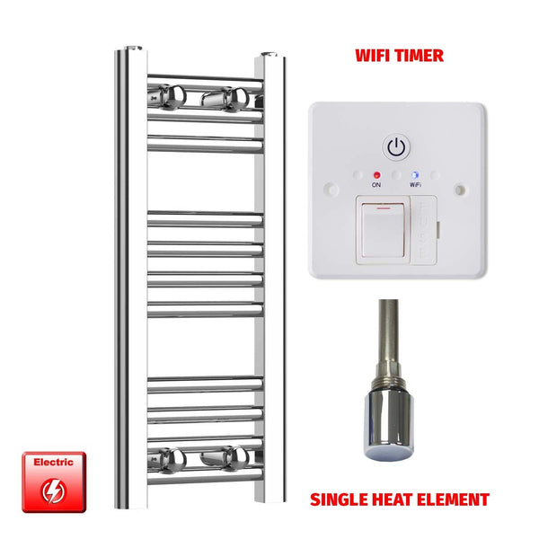 Single Heat Element + Wifi Timer 200 x 600 Flat Chrome Pre-Filled Electric Heated Towel Rail