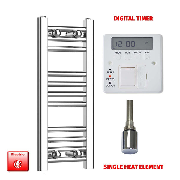Single Heat Element + Digital Timer 200 x 600 Flat Chrome Pre-Filled Electric Heated Towel Rail
