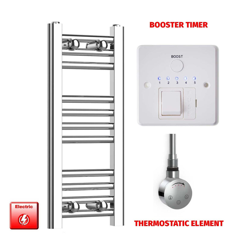 Thermostatic Element + Booster Timer 200 x 600 Flat Chrome Pre-Filled Electric Heated Towel Rail