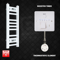 Thermostatic Element + Booster Timer 200 x 600mm Flat White Pre-Filled Electric Heated Towel Rail