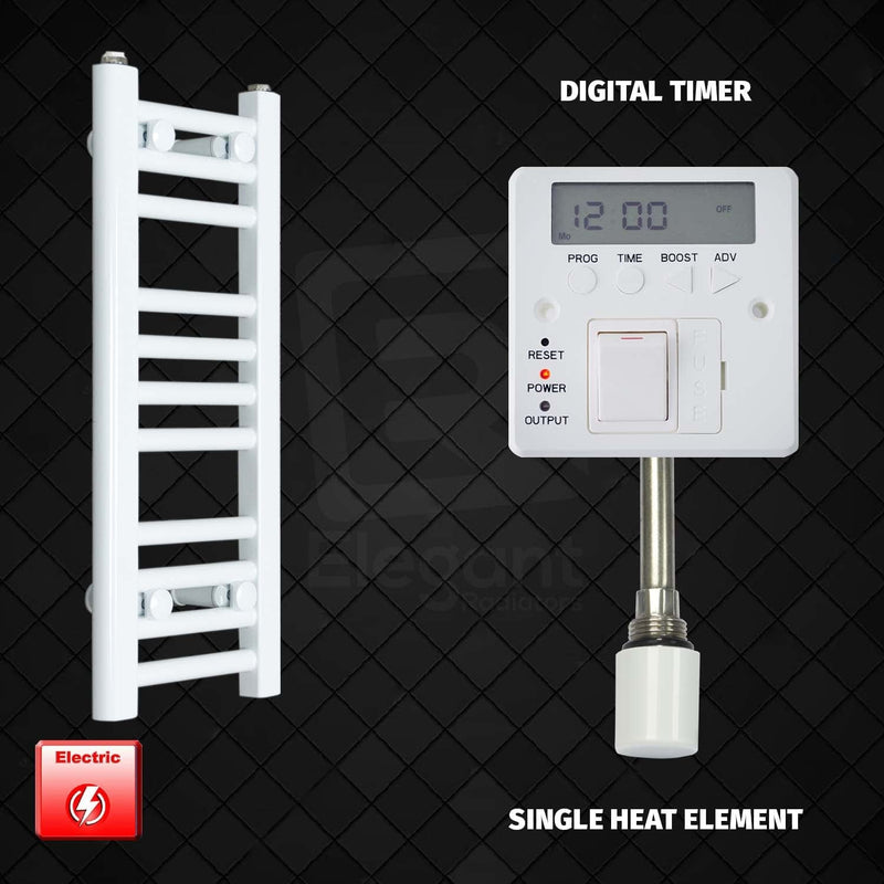 Single Heat Element + Digital Timer 200 x 600mm Flat White Pre-Filled Electric Heated Towel Rail