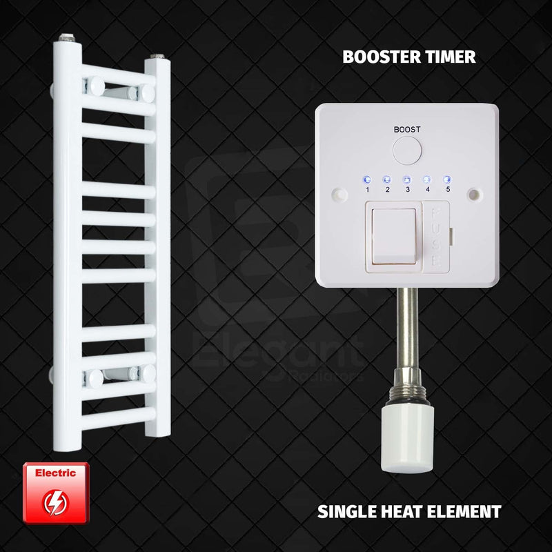 Single Heat Element + Booster Timer 200 x 600mm Flat White Pre-Filled Electric Heated Towel Rail