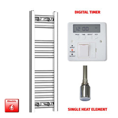 Single Heat Element + Digital Timer 200 x 800 Flat Chrome Pre-Filled Electric Heated Towel Rail