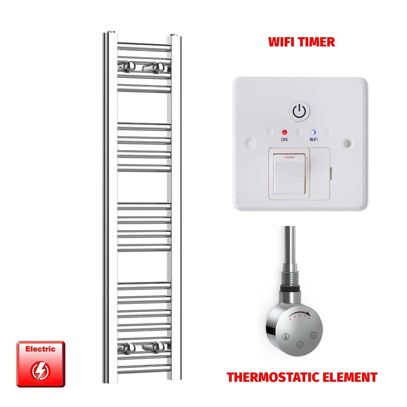 Thermostatic Element + Wifi Timer 250 x 1000 Flat Chrome Pre-Filled Electric Heated Towel Rail