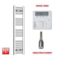 Single Heat Element + Digital Timer 250 x 1000 Flat Chrome Pre-Filled Electric Heated Towel Rail