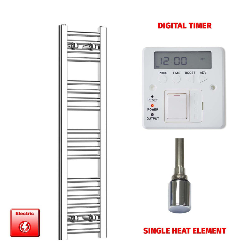 Single Heat Element + Digital Timer 250 x 1000 Flat Chrome Pre-Filled Electric Heated Towel Rail