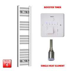 Single Heat Element + Booster Timer 250 x 1000 Flat Chrome Pre-Filled Electric Heated Towel Rail