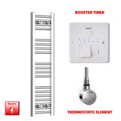 Thermostatic Element + Booster Timer 250 x 1000 Flat Chrome Pre-Filled Electric Heated Towel Rail