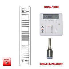 Single Heat Element + Digital Timer 250 x 1200 Flat Chrome Pre-Filled Electric Towel Radiator