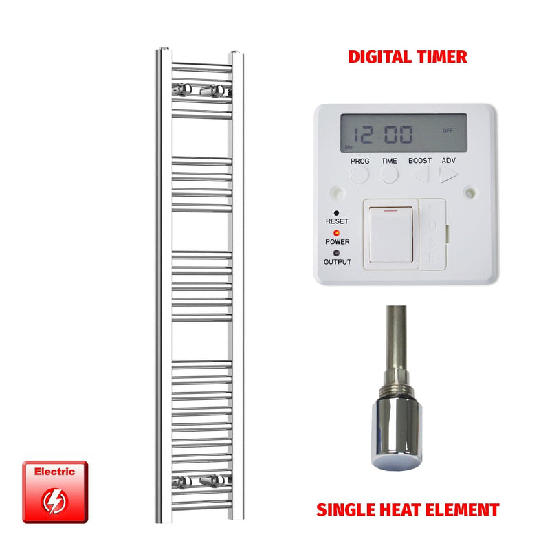 Single Heat Element + Digital Timer 250 x 1200 Flat Chrome Pre-Filled Electric Towel Radiator
