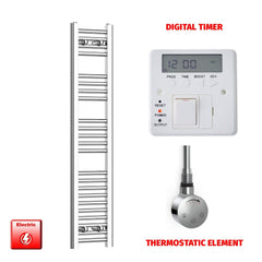 Thermostatic Element + Digital Timer 250 x 1200 Flat Chrome Pre-Filled Electric Towel Radiator