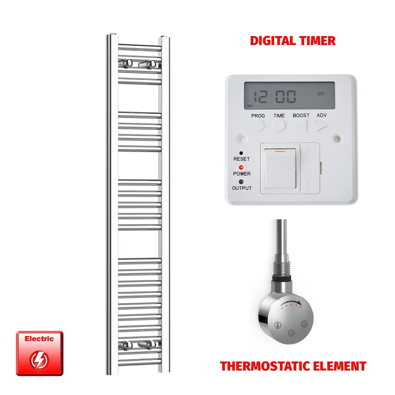 Thermostatic Element + Digital Timer 250 x 1200 Flat Chrome Pre-Filled Electric Towel Radiator