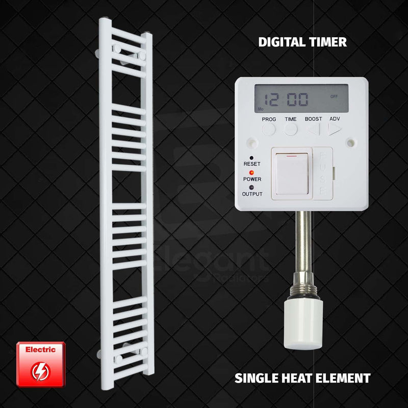 Single Heat Element + Digital Timer 250 x 1200 Flat White Pre-Filled Electric Towel Radiator HTR