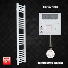 Thermostatic Element + Digital Timer 250 x 1200 Flat White Pre-Filled Electric Towel Radiator HTR
