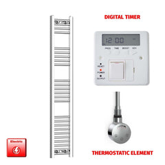 Thermostatic Element + Digital Timer 250 x 1400 Flat Chrome Pre-Filled Electric Towel Radiator