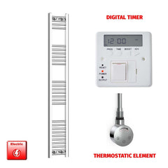 Thermostatic Element + Digital Timer 250 x 1600 Flat Chrome Pre-Filled Electric Towel Radiator