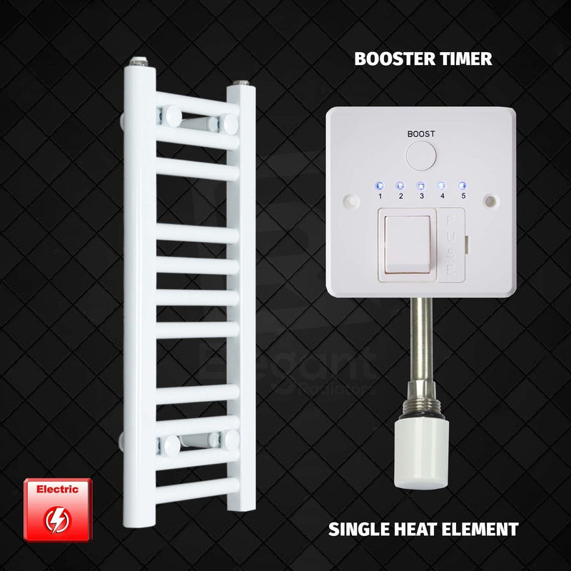 Single Heat Element + Booster Timer 250 x 600mm Flat White Pre-Filled Electric Towel Radiator