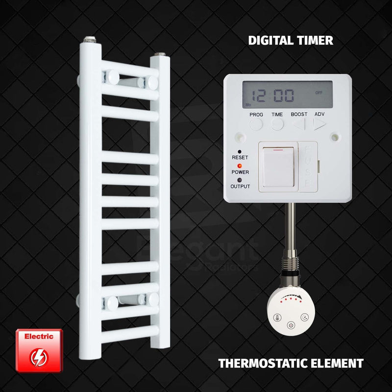 Thermostatic Element + Digital Timer 250 x 600mm Flat White Pre-Filled Electric Towel Radiator