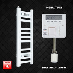 Single Heat Element + Digital Timer 250 x 600mm Flat White Pre-Filled Electric Towel Radiator