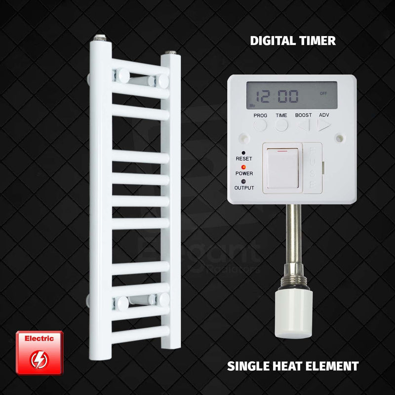 Single Heat Element + Digital Timer 250 x 600mm Flat White Pre-Filled Electric Towel Radiator