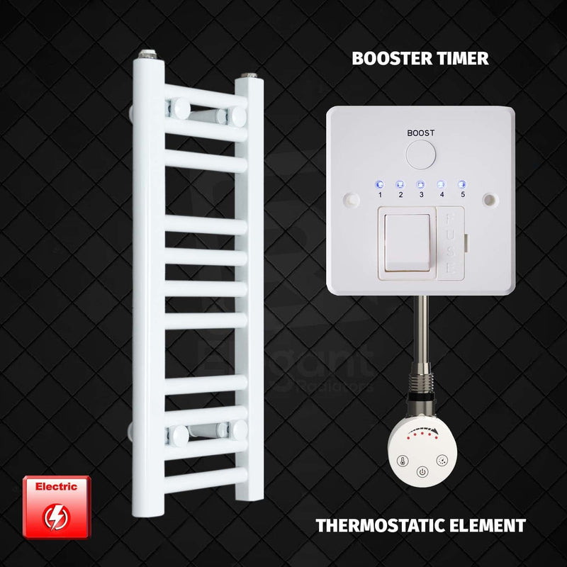 Thermostatic Element + Booster Timer 250 x 600mm Flat White Pre-Filled Electric Towel Radiator