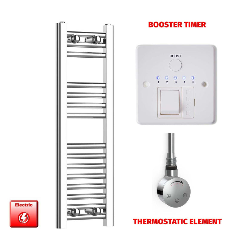 Thermostatic Element + Booster Timer 250 x 800mm Flat Chrome PreFilled Electric Heated Towel Rail