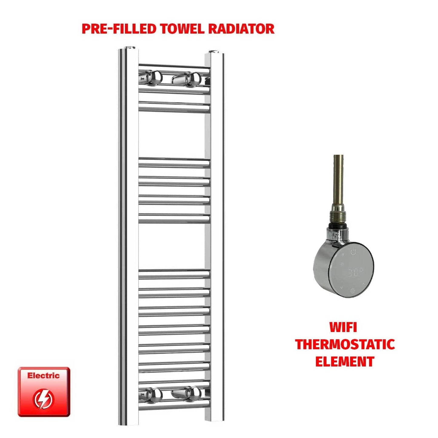 ER-Wifi Thermostatic 250 x 800mm Flat Chrome PreFilled Electric Heated Towel Rail