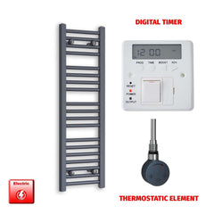 Thermostatic Element + Digital Timer 300 x 1000 Flat Anthracite Pre-Filled Electric Towel Rail