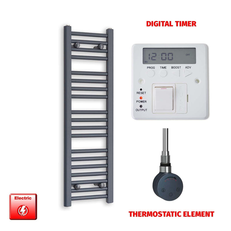Thermostatic Element + Digital Timer 300 x 1000 Flat Anthracite Pre-Filled Electric Towel Rail