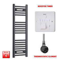 Thermostatic Element + Booster Timer 300 x 1000 Flat Black Pre-Filled Electric Towel Radiator