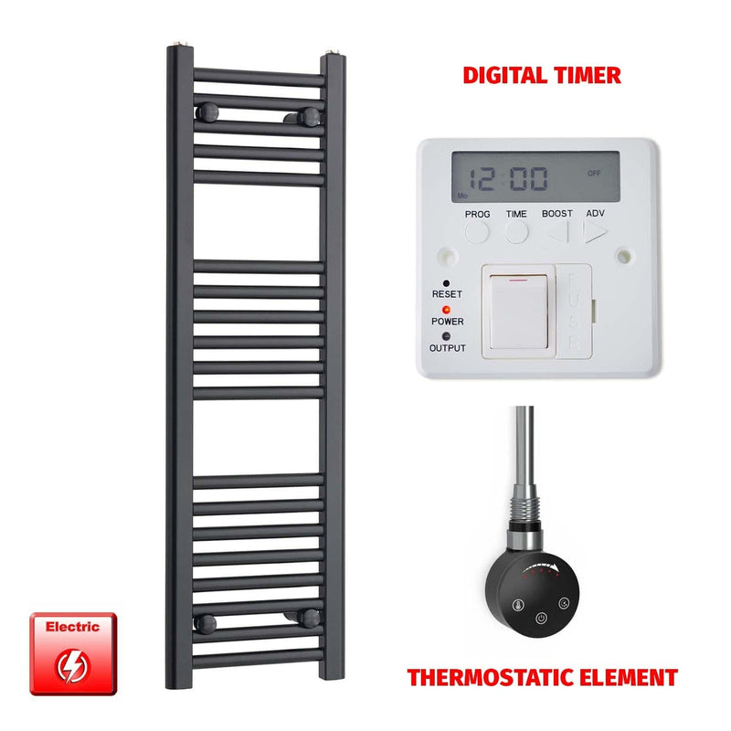 Thermostatic Element + Digital Timer 300 x 1000 Flat Black Pre-Filled Electric Towel Radiator