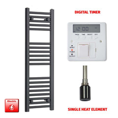 Single Heat Element + Digital Timer 300 x 1000 Flat Black Pre-Filled Electric Towel Radiator