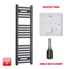 Single Heat Element + Booster Timer 300 x 1000 Flat Black Pre-Filled Electric Towel Radiator