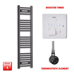 Thermostatic Element + Booster Timer 300 x 1200 Flat Black Pre-Filled Electric Towel Radiator